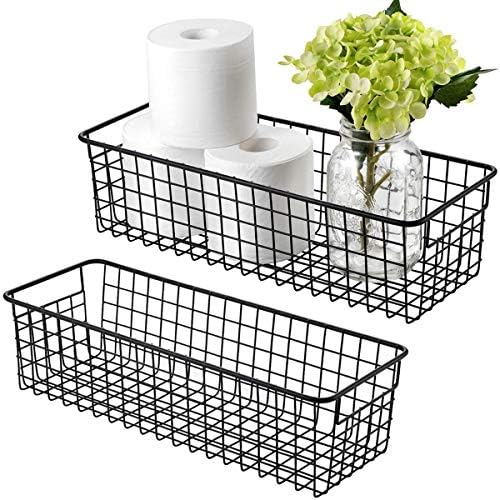 Aufbewahrungskorb aus Metall im Landhausstil, 2er-Pack – Rustikaler Toilettenpapierhalter – Aufbewahrungsorganizer für Badezimmer, Küchenschränke, Speisekammer, Waschküche, Kleiderschränke, Garage, Schwarz