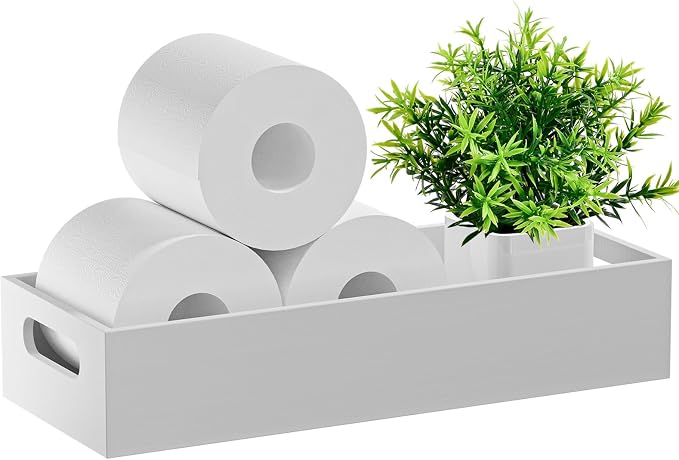 Soporte de bambú para papel higiénico, bandeja de bambú para baño con asa, cesta organizadora para papel higiénico, contenedor para la parte trasera del tanque del inodoro, blanco