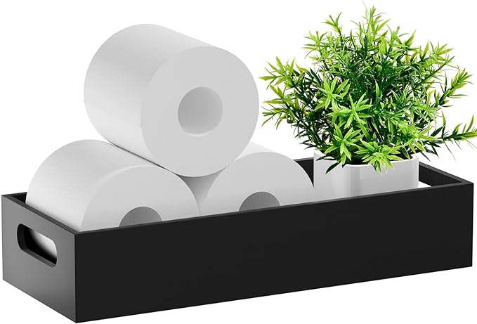 Soporte de bambú para papel higiénico, bandeja de bambú para baño con asa, cesta organizadora para papel higiénico para cisterna de inodoro/encimera de cocina, color natural, negro.