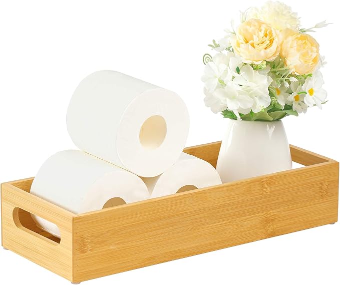 Bandeja para papel higiénico de baño, organizador de papel higiénico de bambú con asas, cesta para colocar sobre el tanque del inodoro o en la encimera de la cocina, color natural, 37,8 x 15 cm.