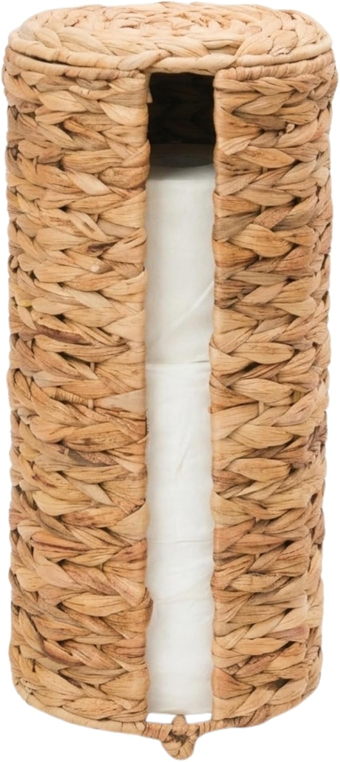 Soporte de papel higiénico independiente de jacinto de agua para baño, con capacidad para 3 rollos y tapa extraíble. Soporte de mimbre tejido con apertura frontal de fácil acceso.
