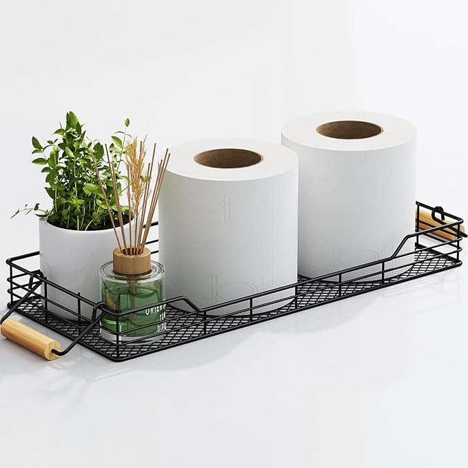 Cesta metálica para papel higiénico, bandeja para cisterna de baño con asa de bambú, cesta trasera para bandeja de inodoro para tocador o encimera de cocina, color negro.