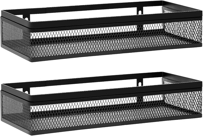 Hängende Aufbewahrungskörbe mit Klebehaken und Schrauben, Drahtkörbe für Aufbewahrung in Küche, Bad, Speisekammer, Waschküche, Kleiderschrank, Garage, Wohnmobil, Schwarz, 2er-Pack, Netzgewebe