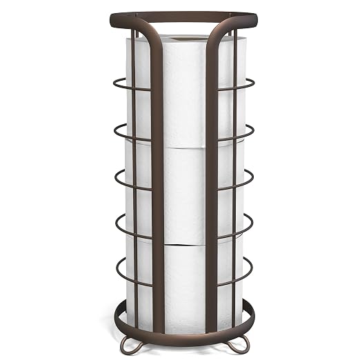 Soporte para papel higiénico Reserve — Soporte independiente para papel higiénico con almacenamiento para rollos grandes, organizador de papel higiénico de pie, decoración de baño, soporte de almacenamiento moderno, bronce