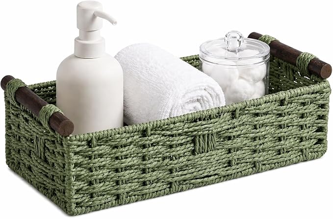 Salbeigrüner, gewebter Badezimmerkorb mit Holzgriffen – Toilettenpapier-Aufbewahrung, grüne Weidenrückseite, Boho-Badezimmer-Deko-Tablett für Spülkasten oder Ablage