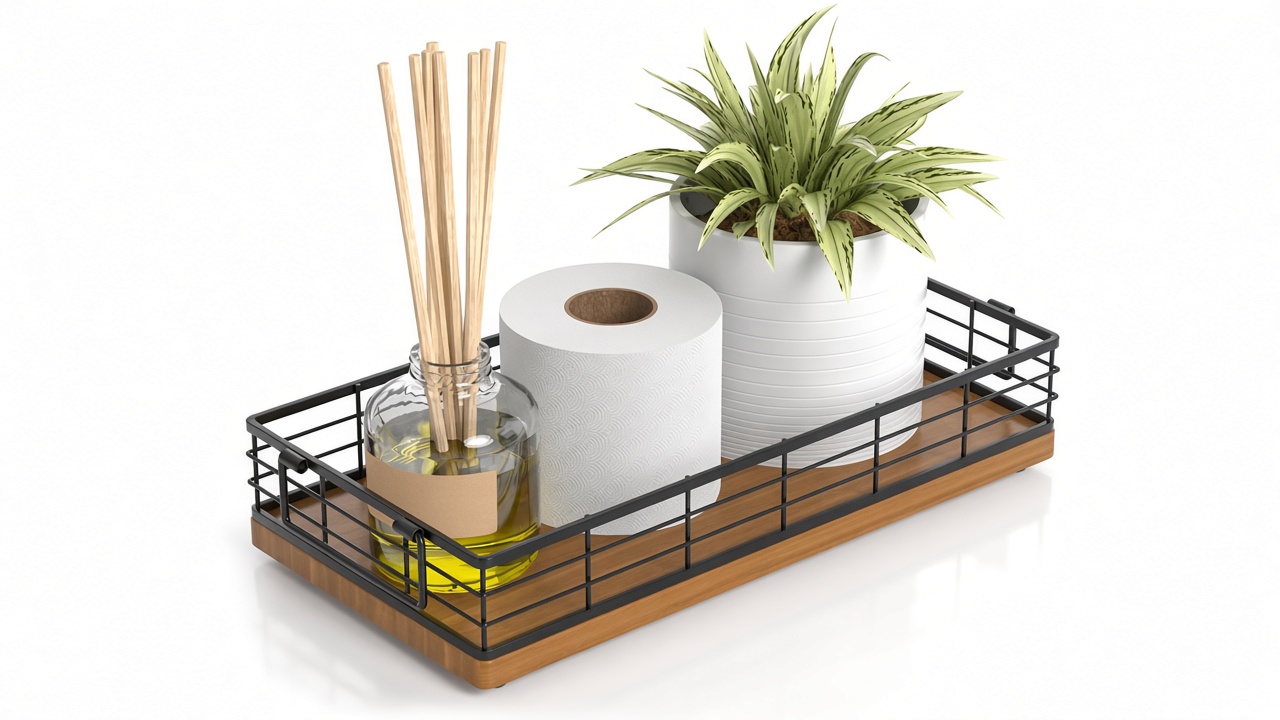 Cesta para papel higiénico, cesta de baño de 33 cm (13 pulgadas), bandeja organizadora para el tanque del inodoro, almacenamiento para artículos de aseo, sala de estar y cocina, color nogal.
