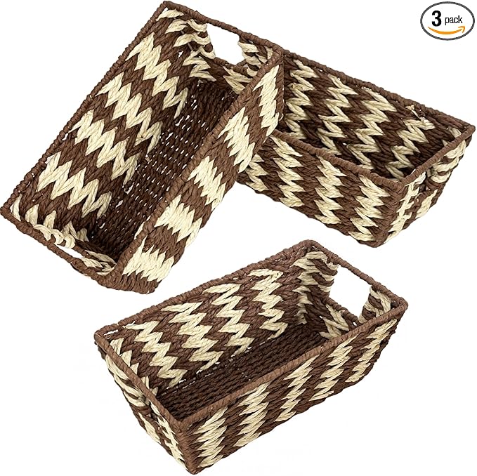 Cestas de almacenamiento de cuerda de papel para organizar estantes, cesta organizadora pequeña de mimbre tejida a mano con asa para guardar papel higiénico en el baño, color beige y marrón, paquete de 3