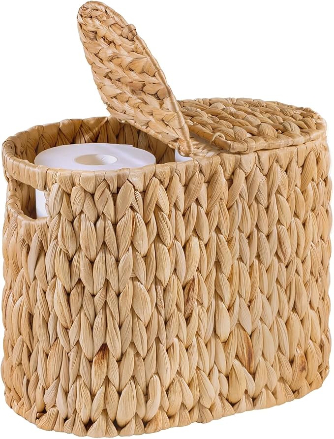 Cesta de almacenamiento de papel higiénico de jacinto de agua con asas integradas, independiente con tapa. Cesta de almacenamiento para papel higiénico, revistas, artículos de aseo y productos de limpieza.