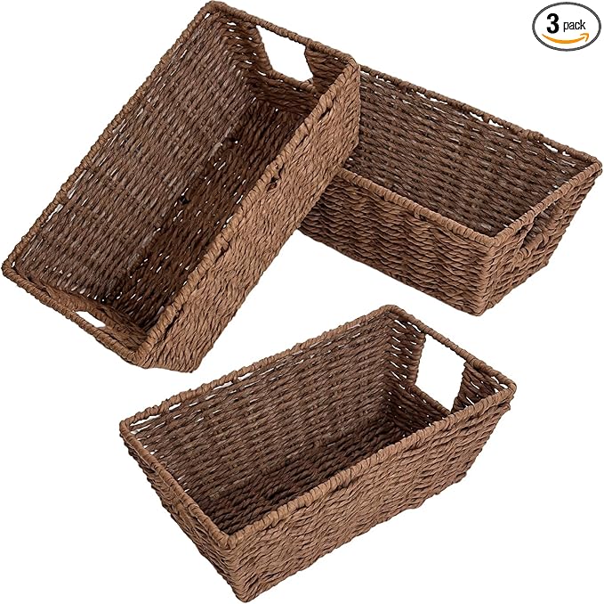 Cestas de almacenamiento de cuerda de papel para organizar estantes, cesta organizadora pequeña de mimbre tejida a mano con asa para guardar papel higiénico en el baño, marrón, paquete de 3