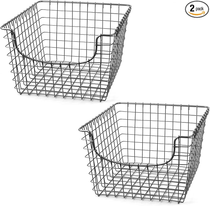 Drahtkorb-Aufbewahrungsbox, satiniertes Nickel, 2er-Pack, für Küche, Speisekammer, Kleiderschrank, Badezimmer, Garage, robuste Drahtkorb-Organizer für Aufbewahrung und Dekoration