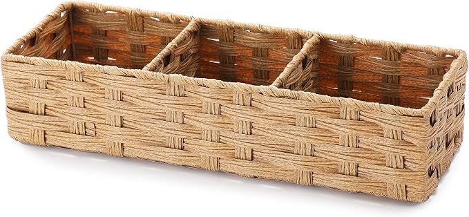 Cesta para papel higiénico sobre el tanque del inodoro, cestas multiusos de mimbre de plástico tejidas a mano con separador para estantes, decoración rústica de baño estilo granja, color amarillo claro